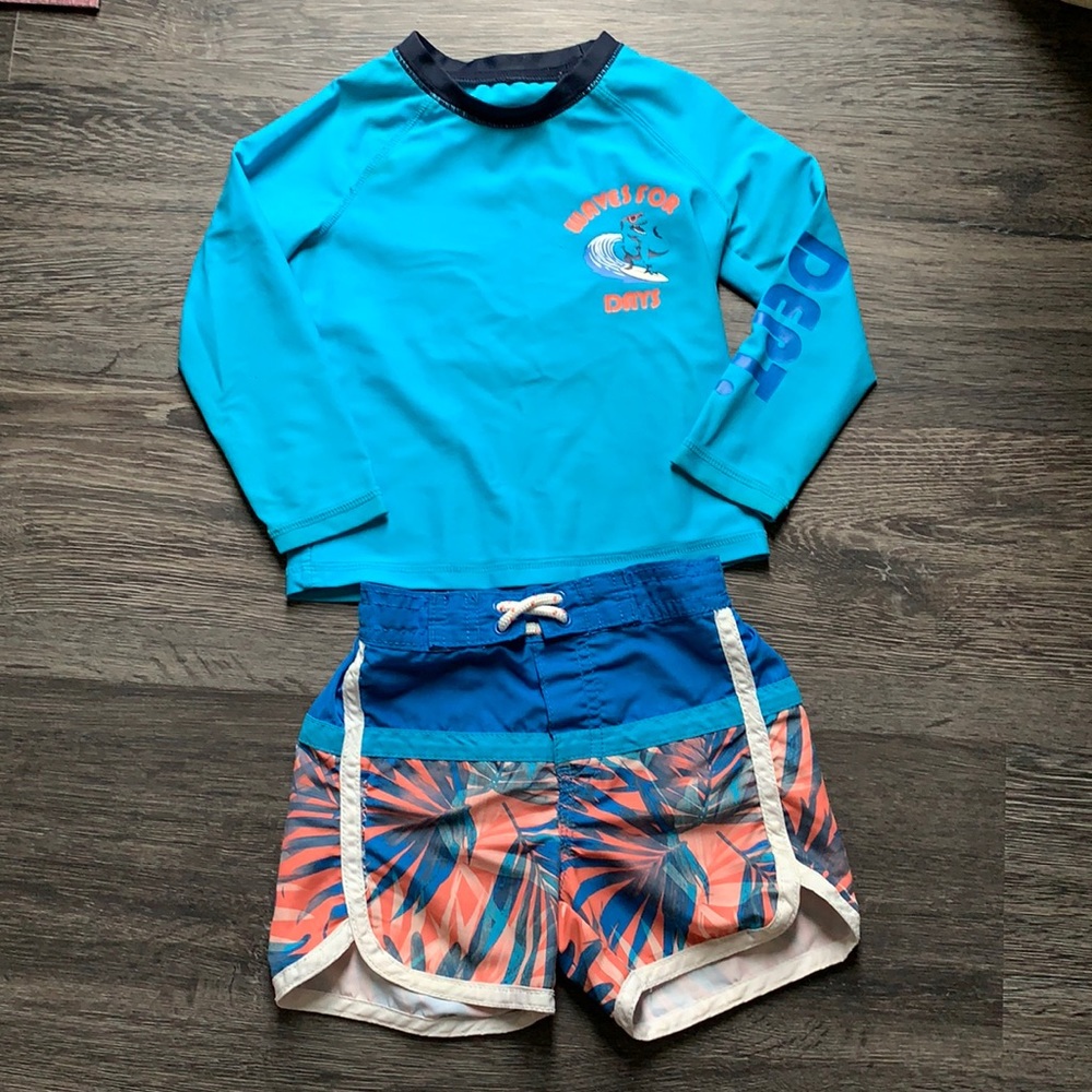 Boys Swim Trunks and Long Sleeve Rash Guard Swim Shirt - 18m